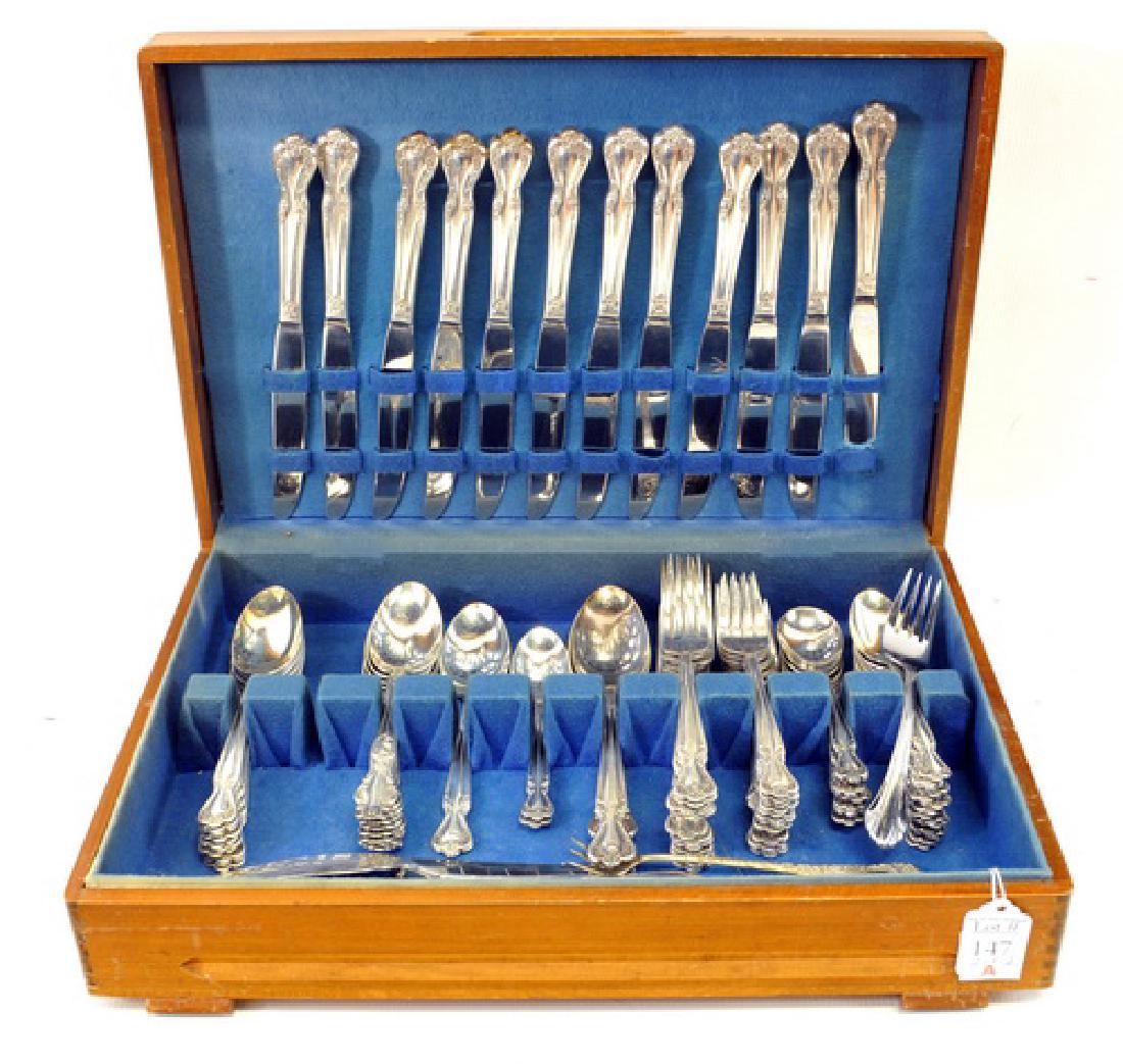 12 Piece set of Rogers and Brothers Flatware in a: Hand Painted Vintage box 17" X 11", 1 Vintage bread board