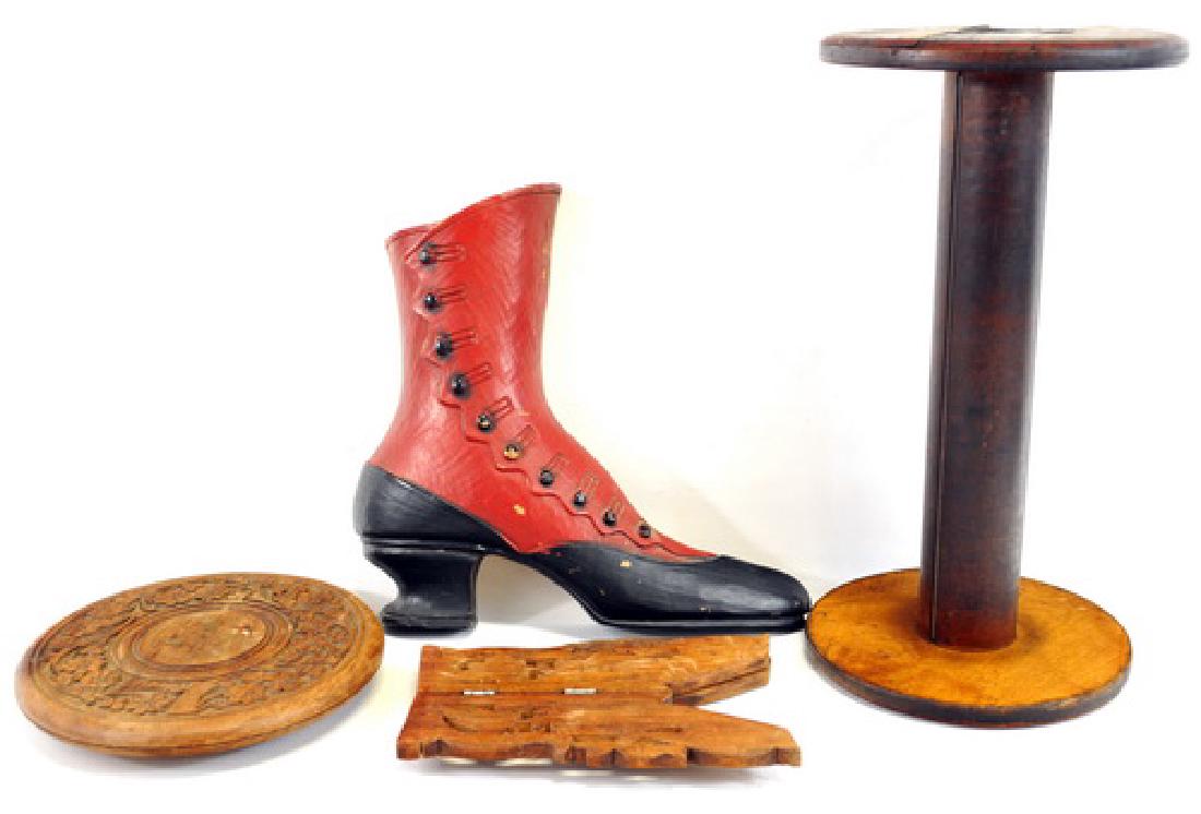 Estate Primitive Items: Wooden Spoon, Spool, Shoe Sign, Wooden Trivet Stand, Pot Metal Lamp Base, Tin Heater, shoe Forms, Hooks,
