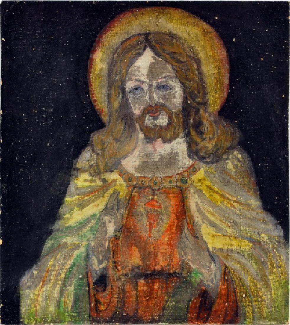 Two Antique Mexican Retablos On Tin: Sacred Heart Of Jesus And Angel Slaying Dragon, 8"x7" And 9"x9"