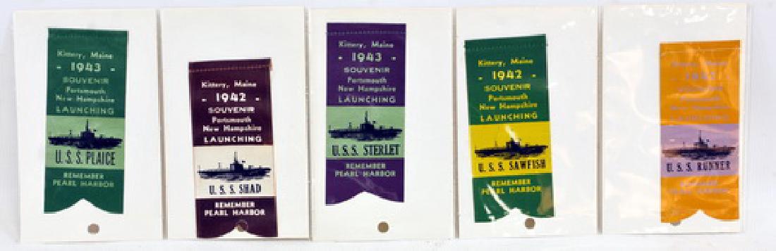 Collection of five original WWII submarine: launch ribbons from Kittery Maine and Portsmouth New Hampshire, "Remember Pearl Harbor" to include: 1942 U.S.S. Runner, 1942 U.S.S. Sawfish, 1943 U.S.S. Sterlet, 1942 U.S.S. Shad, 1943 U.S.S. Plaice.