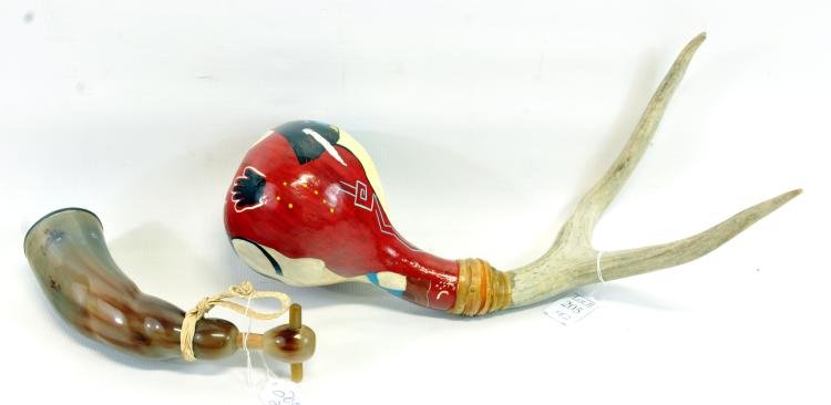 Indian Antler Instrument and Powder Horn: Decorative Pieces
