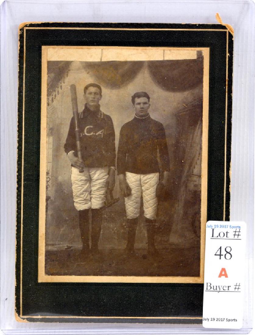 1890's Baseball Cabinet Card: Two Subjects With Bat And Gloves 4"x6" Mounted On Card Board, Players Names On Rear In Pencil