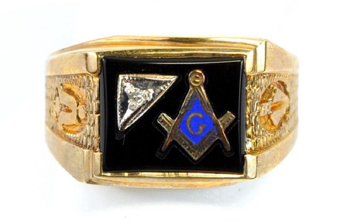10kt. Gold Black Onyx Masonic Ring: Size 9, Weighs7 Grams, Diamond Chip Accent