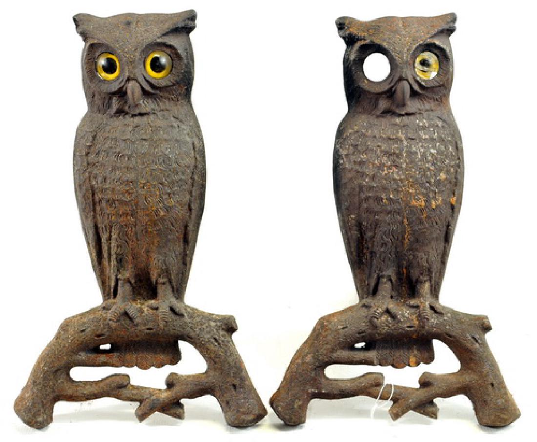 Pair Of Antique Cast Iron Owl Andirons: Needs Repair To One Eye, Has The Pieces