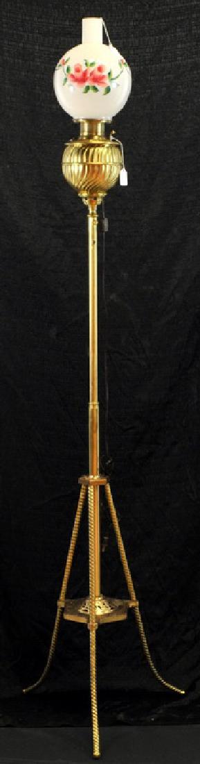 Antique Miller Brass telescopic piano floor lamp: with hand painted globe 68 x 9, hairline crack in top of chimney of globe.