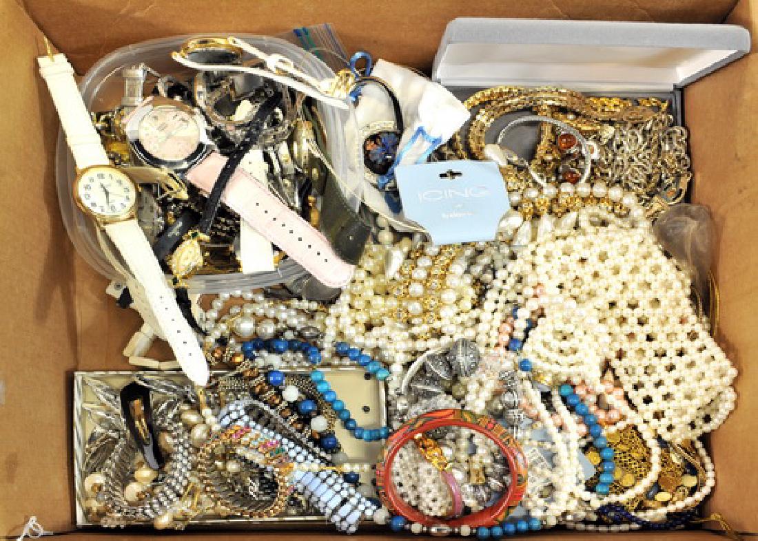 Costume jewelry: beaded necklaces, vintage watches, bangle bracelets, jeweled bracelets.