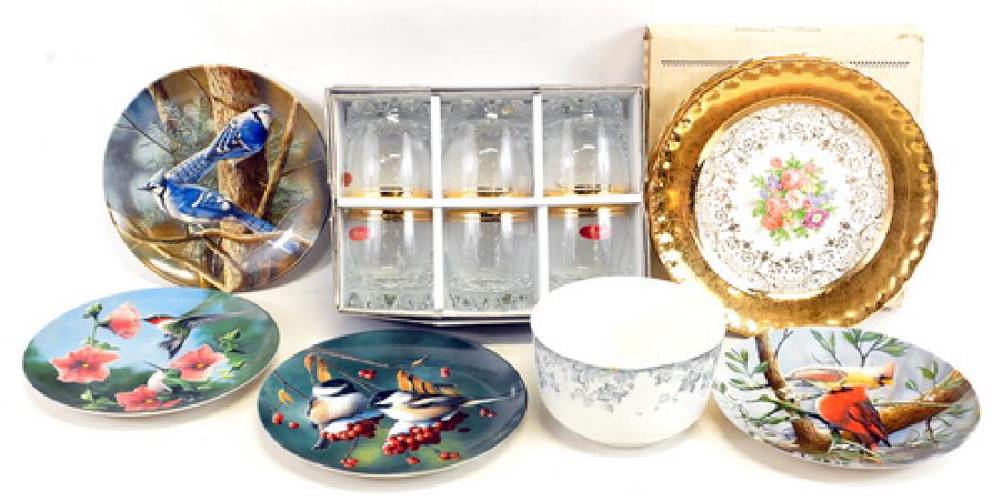 Two 22K Colonial gold plates one floral 10": Valencia hand decorated 24 Karat gold old fashion glasses. Bradford Exchange Plate St. Basil's Moscow "Jewels of the Golden Ring". Four Knowles china plates of birds. Hop Porcelain Johnson Brothers En