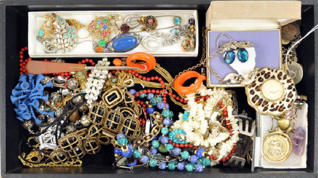 Costume Jewelry: Jeweled pins, brooches, beaded necklaces vibrant colorful beaded necklaces, charm, cuff and fashion bracelets, jeweled pins and brooches, pierced and clip earrings.