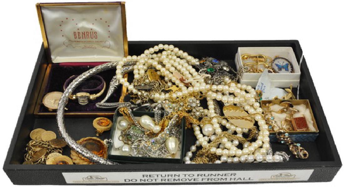 Two 1940's signed pins, brooches, cuff links: pendants, colorful pierced earrings, unusual cuff links, beaded brooches, charm bracelets.