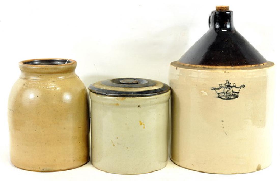 L. Pewtress & Co. Haven Conn,10 x 5 crock: 16 x 10 old brown 2 gallon jug with a cork, a vintage red jug 13 x 7, old glass bottle with a cork 21 x 10. Two jugs 9", one with a cover 7".