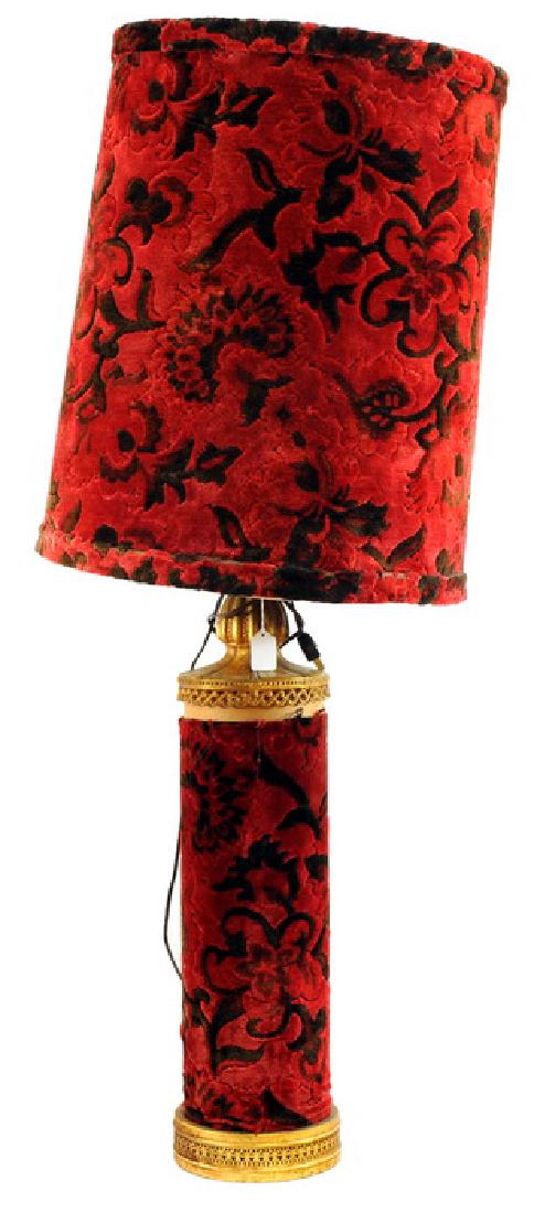 Vintage Mid Century lamp: Red and black covering at base - matching shade 25" base, shade 10". Murray Feiss Import Corp lamp with Asian figures, mountain and forest scenes,17".