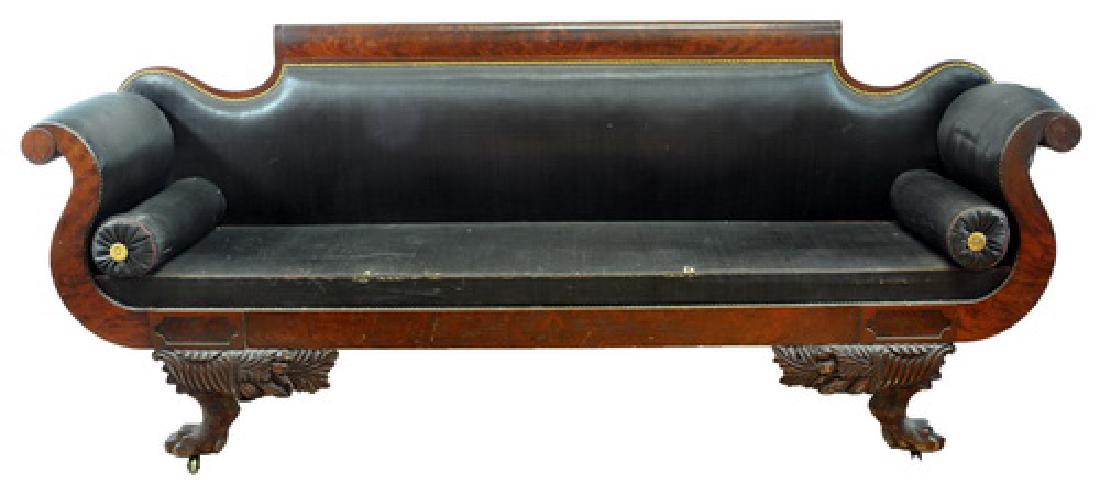 18th Century Federal period horse hair settee: with sweeping curves and scrolls with claw feet, on casters, 89 x 21 x 38.