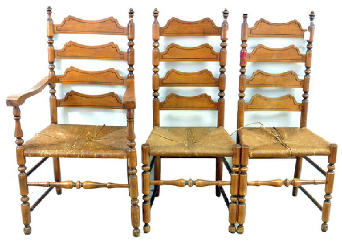 Three ladder-back chairs 42 x 16 x 18: one with arms, 42 x 18 x 22.