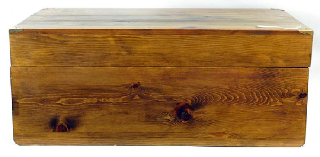 Two handmade wooden dovetail chests: one complete with hardware including hinges and corner pieces the other is not, both boxes measure 14 x 20 x 35.