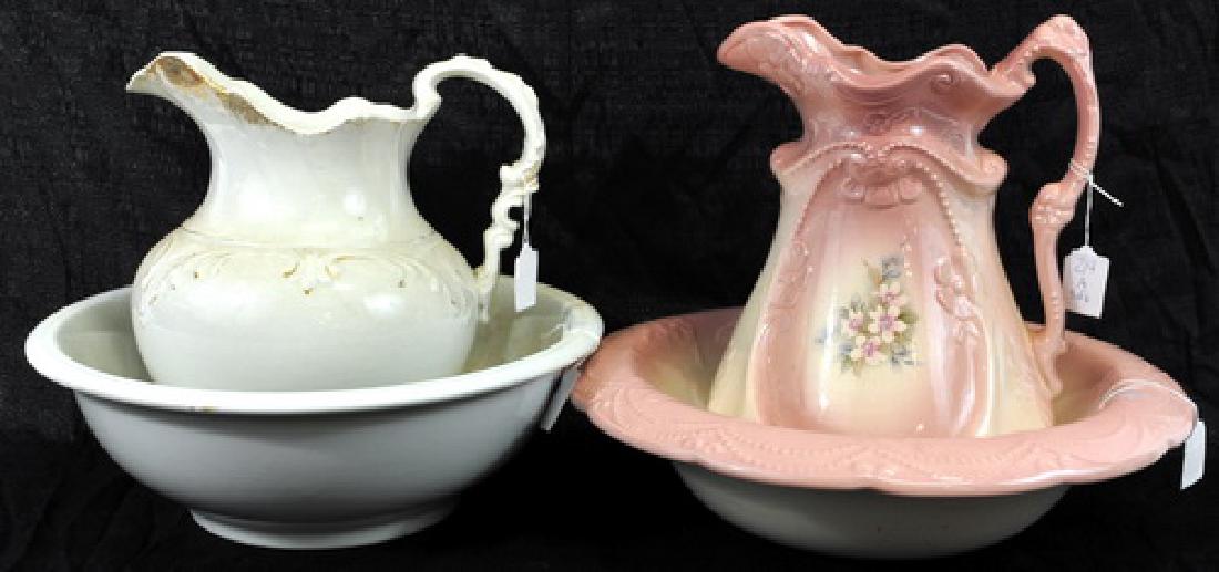 Pink Ironstone pitcher 12" H and bowl 19": vintage Alpha white pitcher with brown floral 10" H, a white Victorian decorated pitcher with roses Semi Vitreous by Mellor & Co., 10" H, Etruria white pitcher made by Mellor & Co. 11" with bowl 15".