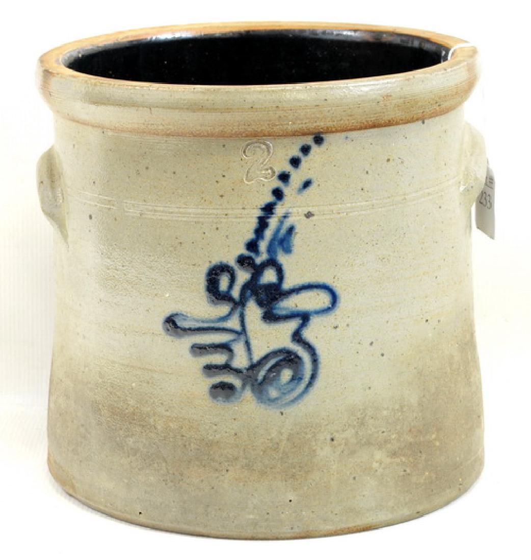 Antique primitive 2 gallon crock: with blue floral. No visible cracks or blemishes, 9" in diameter x 9" H.