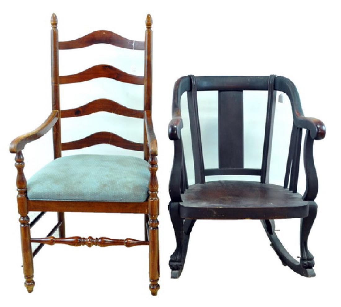Empire Rocker And Ladder-back Chair: Empire Rocker With Blue Upholstery 24 X 33 X 24, Ladder-back Side Chair, 45 X 17 X 22.