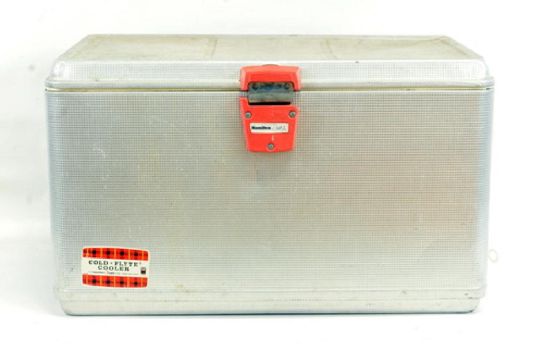 Two vintage coolers: one silver Kamp old 14 x 13 x 22 and a silver Hamilton 13 x 21 x 12.