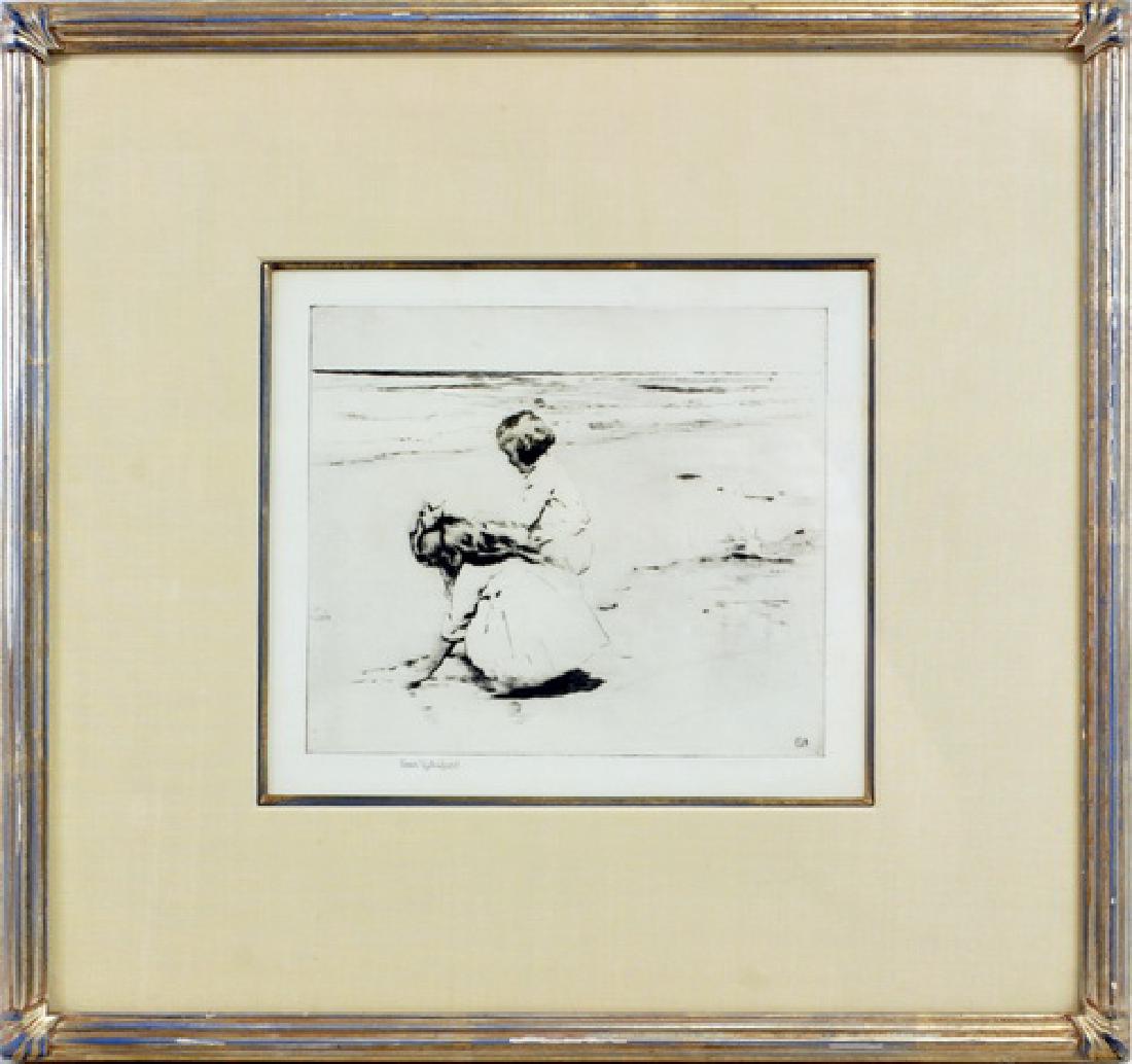 Sears Gallagher Etching Girls at Seashore: signed, (1869-1955 Sears Gallagher lived in Massachusetts, he is known for landscape, marine, watercolor, etching), framed 8 x 8.