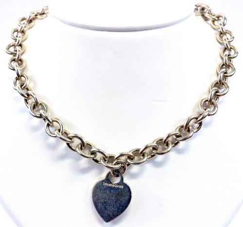 Tiffany & Co Signed Ladies Sterling Necklace: Tiffany & Co Signed Ladies Sterling Silver Necklace Heart Shaped Tag Choker 66.1 Grams 15" Long