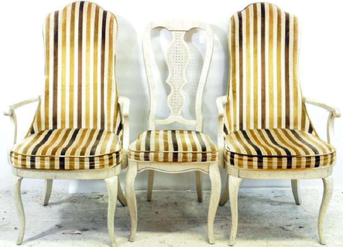 9 Piece Contemporary Dining room set: six chairs with white legs and striped velvety yellow and green - two with arms 45 x 23 x 15 without arms 40 x 17 x 17, two leaves each 18 x 40, table with white legs brown top 55 x 39 x 29.