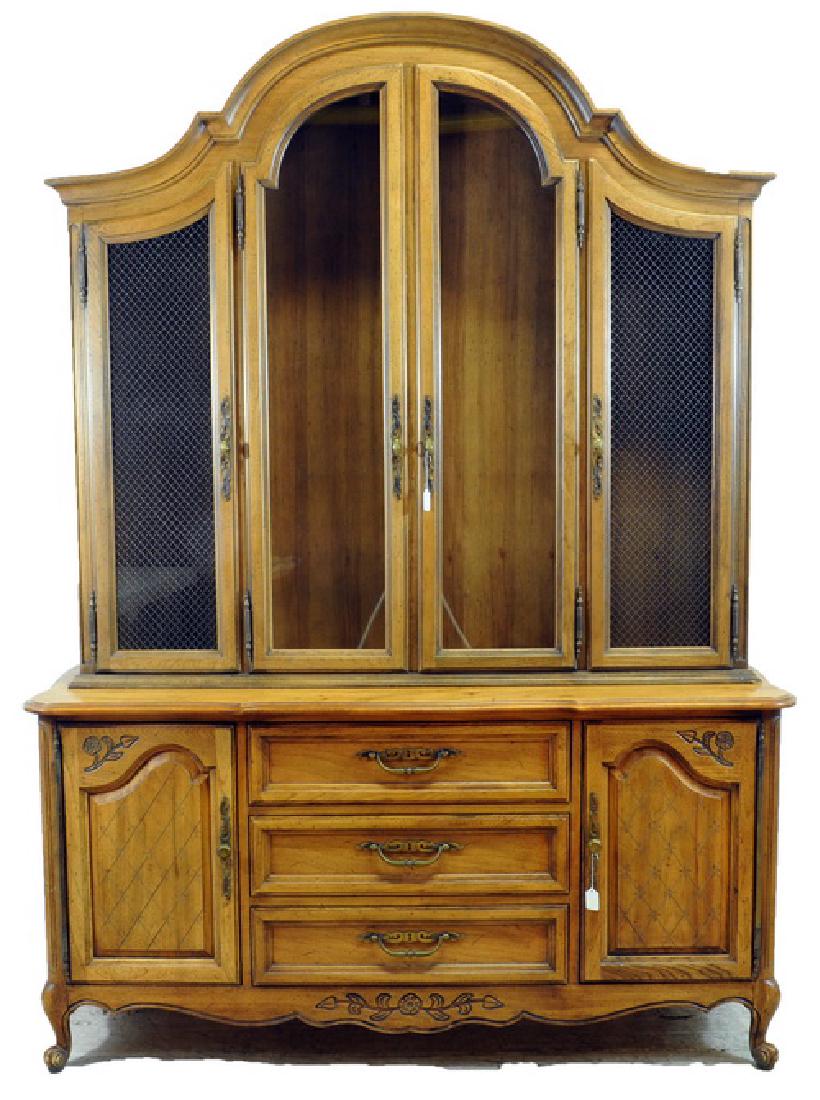 Two piece fruitwood cabinet and buffet: top cabinet four glass doors 53 x 13 x 58 - bottom piece three drawers and two doors with shelves 59 x 19 x 30, label inside of drawer Rapids Furniture Co, Boston. Buffet two drawers over four doors 3