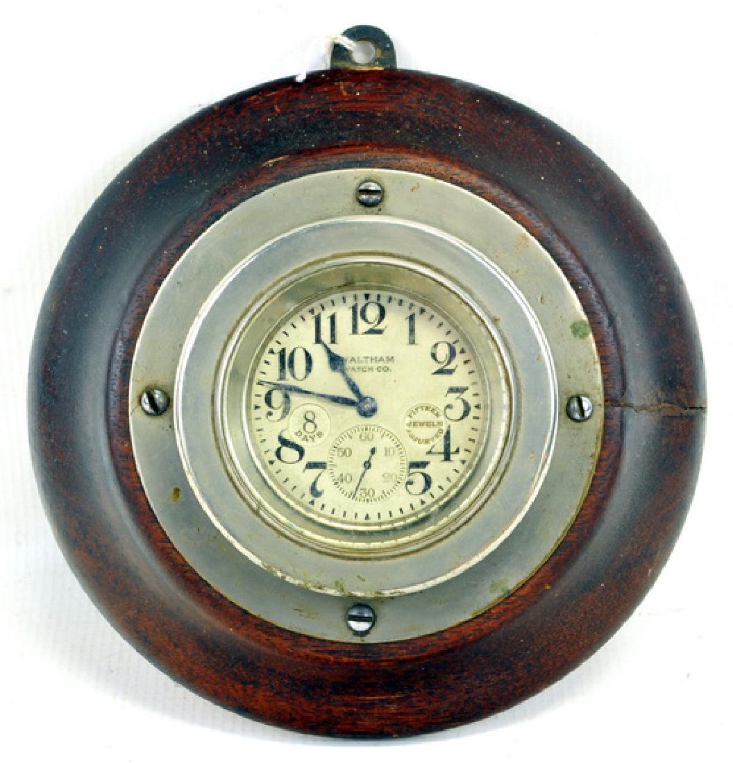 Antique Waltham 8 Day Ship Clock: Mahogany Surround 8 Day Jeweled Waltham Clock 7"