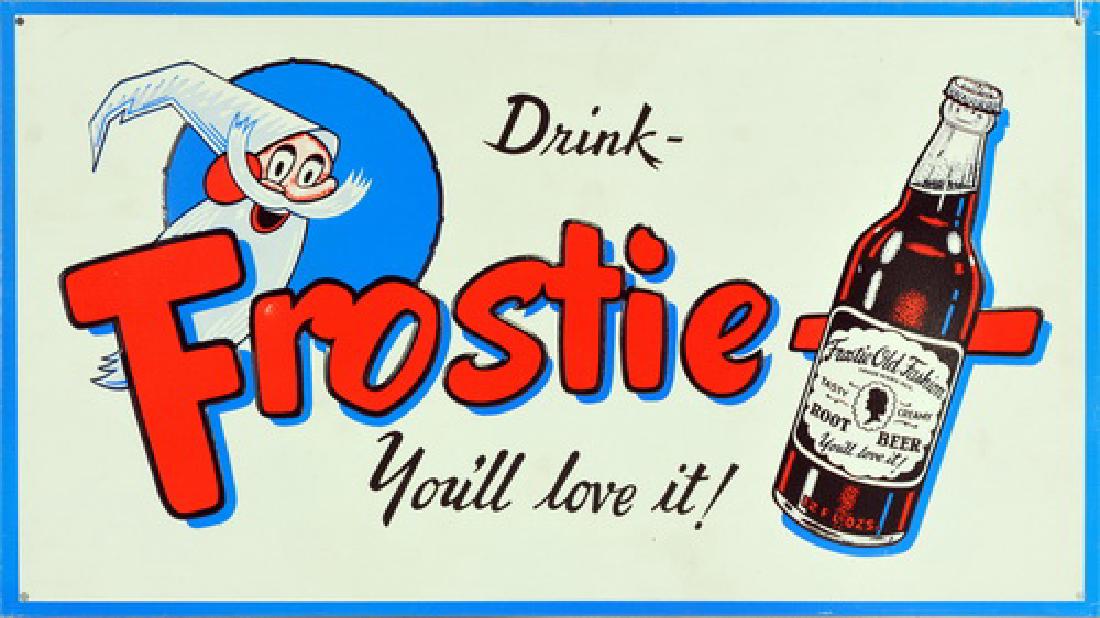 Pair Of Vintage Tin Signs: 1 Frostie Old Fashion: Root Beer, 2. Drink Brownie In Bottles, 1.is 17" X 9 1/2", 2.is 21" X 7 1/2", Both Are In Very Good Condition