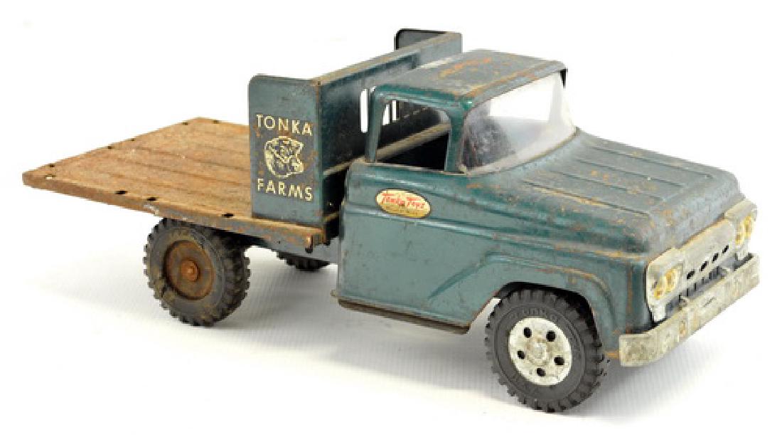 Three Tonka Truck: Wrecker (top is not attached) green Tonka Farm Truck and white Tonka Mound Minn.