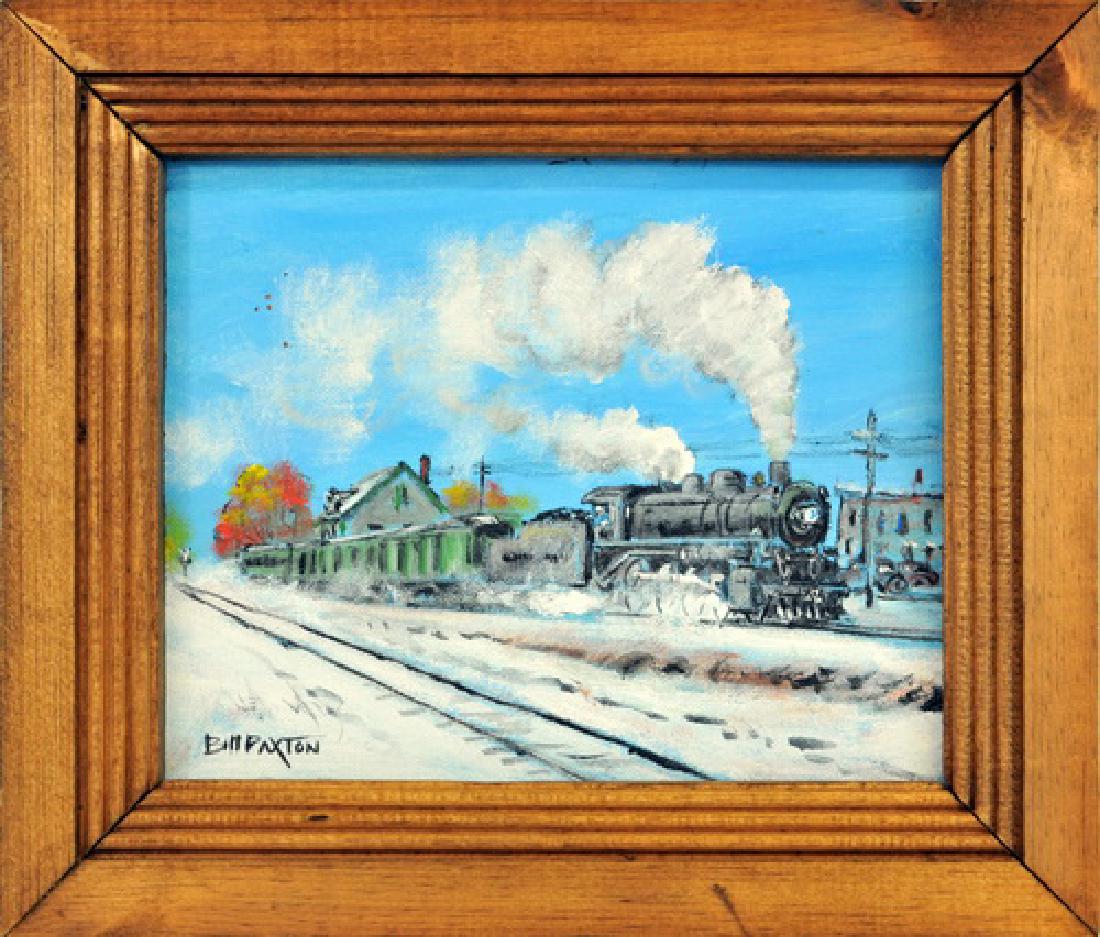 5 Oil painting's on board signed Bill Paxton: 1. Locomotive 406 at Bath, Maine 1935, 2.Grand Trunk RR Northern Maine, circa 1937, 3.Logging Railroad Florida 1940's, 4.Logging Railroad, 5.Rigby Yard South Portland, Maine, circa 1946, 11" X 13" inc