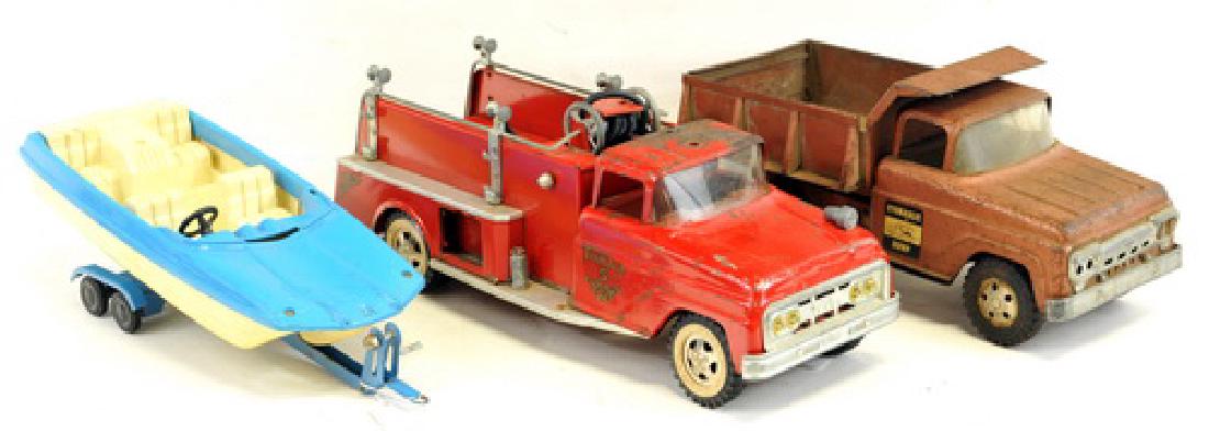 Tonka trucks Hydraulic Dump Truck Die cast: Pink Jeep, Bulldozer, Steam Shovel Rubber Tires, Plastic boat, metal trailer.