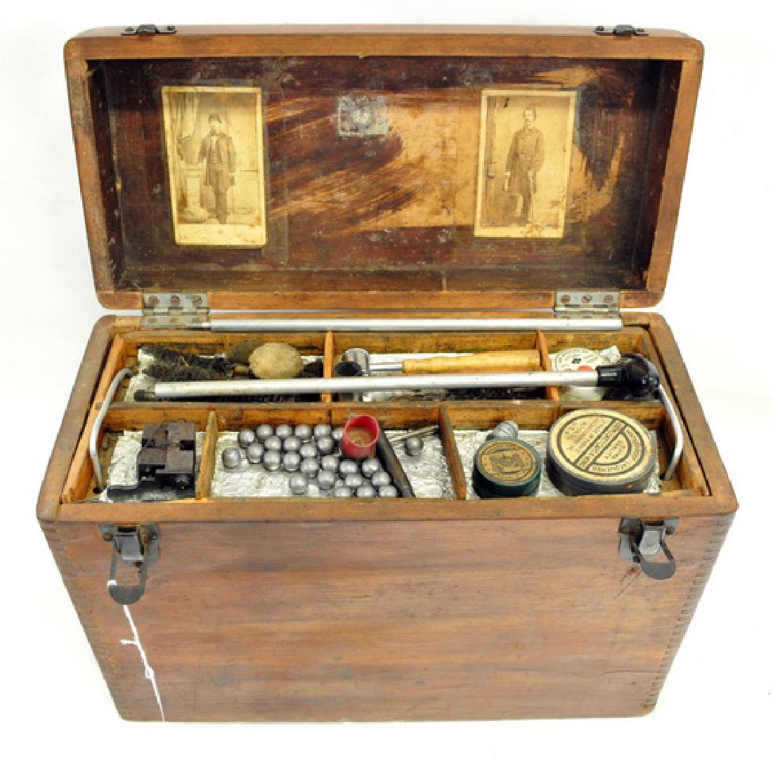 Antique Black powder shooting kit in a Oak box: with 2 CDV's from the Civil War on the inside of cover, includes Bullet Molds, balls and other supplies,15" X 11" X 7"