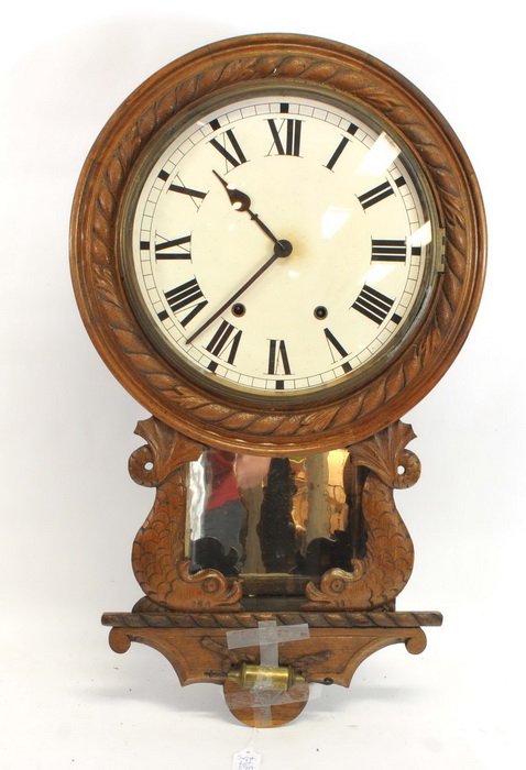 Antique Figural Wall Clock with Mirror,: Base Fish Decoration, 28" X 17"
