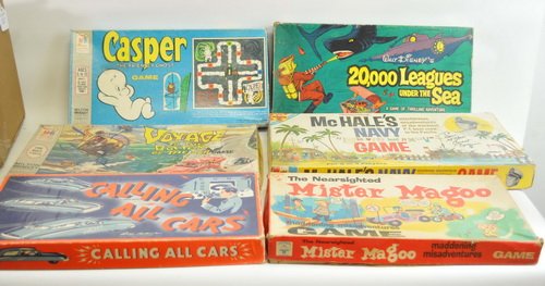 10 used old board games to include the following:: 1. Barnabas Collins, 2. The Korg: 70,000 B.C., 3. Cheyenne Game, 4. Calling all Cars, 5. Voyage to the Bottom of the Sea, 6. Mc Hale's Navy, 7. Casper The Friendly Ghost, 8. 20,000 Leagues under the S