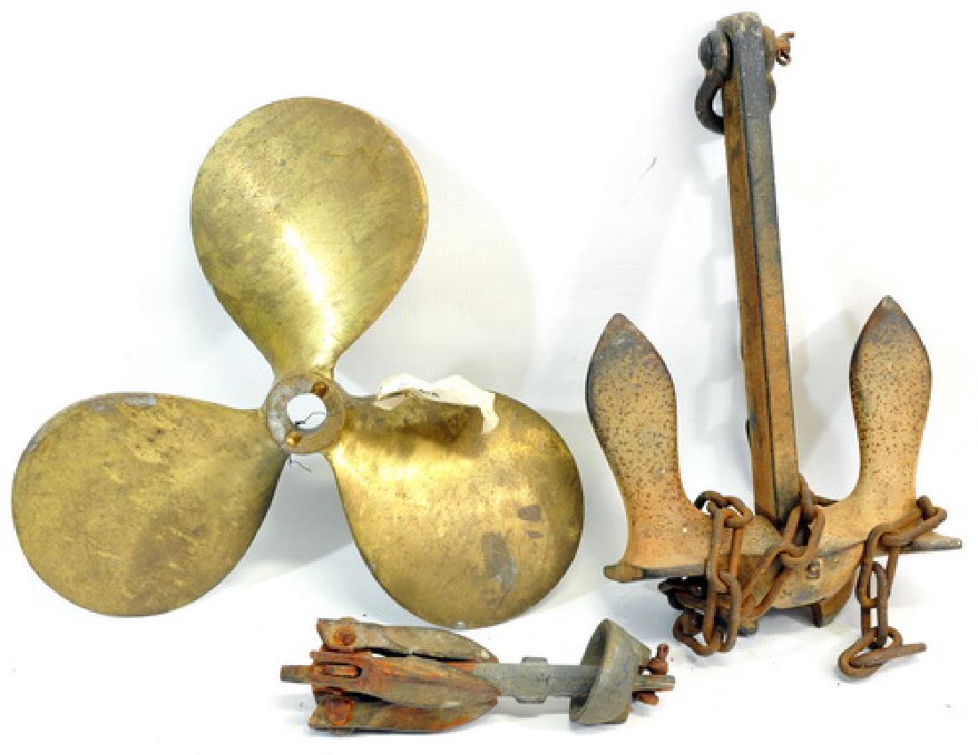 1 Brass Propeller 13" Dia., 1 Navy Anchor 11" X 6" (1 of 2)
