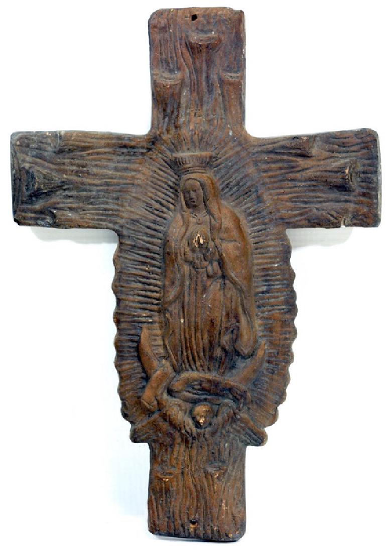 Presidential Items Dwight D. Eisenhower: and Mexican President Adolfo Ruiz Cortines during a meeting in Mexico City 1953 , 2 picture frames with old photo, pottery cross, pottery pieces, lady of Guadalupe