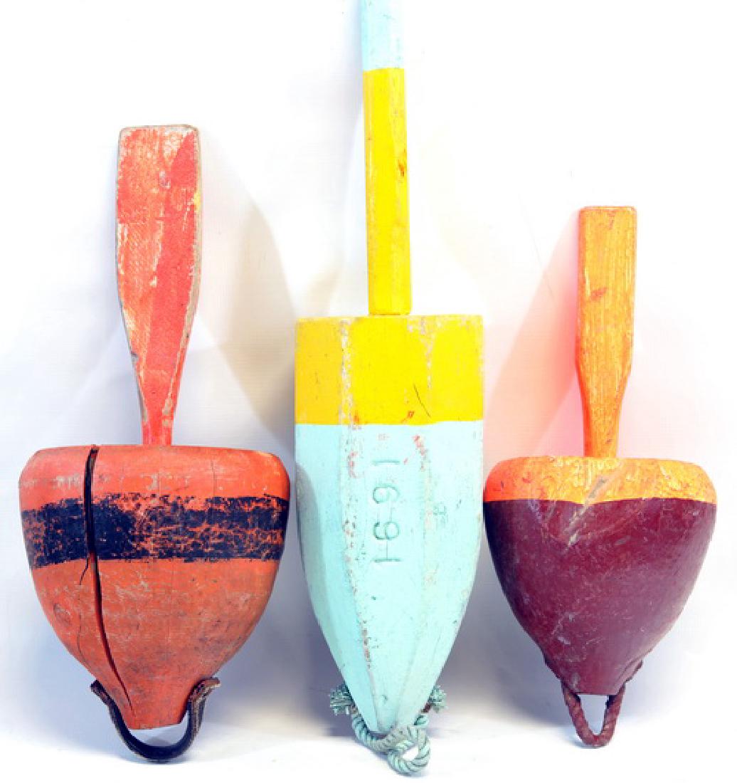 3 Original Vintage Maine Wood Lobster Buoys: with colors & lobstermen's license no. - c1940's / 2 are with flat pick ups, referred to as "Beaver Tails"