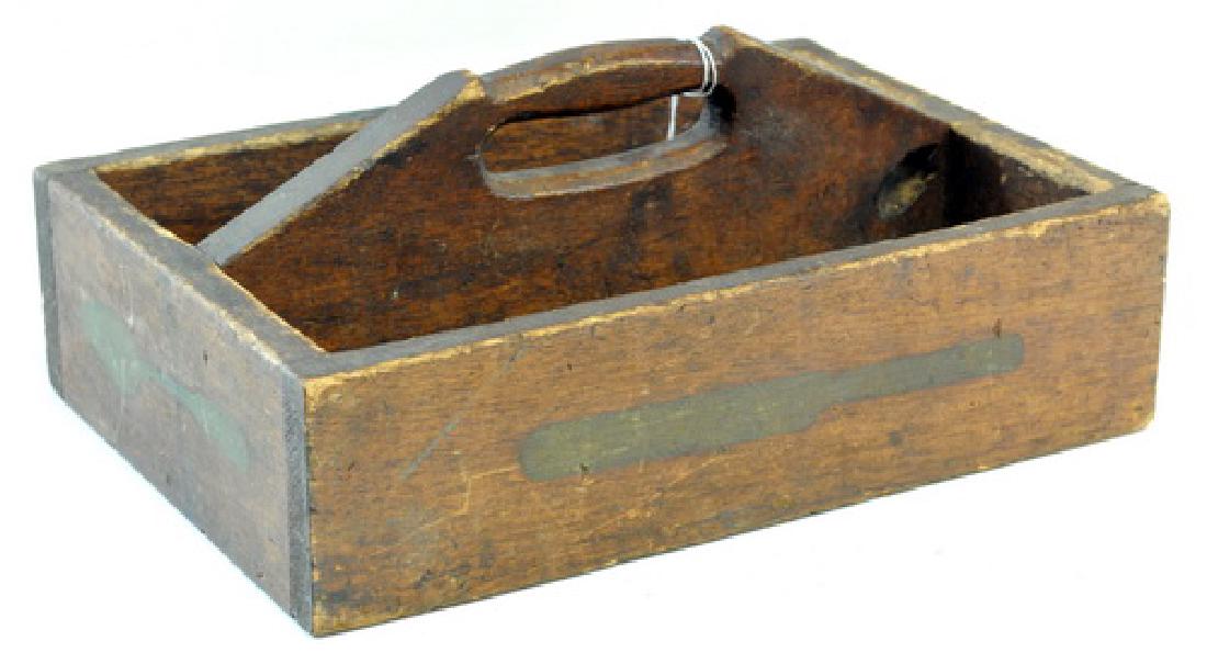 Rare Early Hand Made Silverware Wood Tray: with handle, has holes drilled in the bottom to facililate water dripping off, hand painted knives, forks and spoons on four sides, old greenish paint, old patinia to wood, and signs of use of silverw