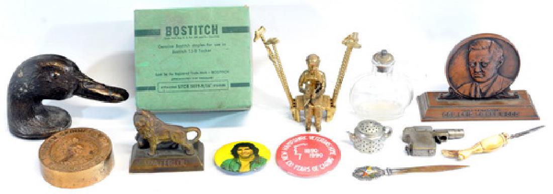 Estate Smalls/advertising/collectibles: Full Box Of Vintage Bostitch Staples, 1927 Colonel Eric Fisherwood Gop Party Desktop Bronze, William Skinner And Son's Ames Sword Company Brass Paperweight, Waterloo Bronze Mini Lion Paperweight, Duck