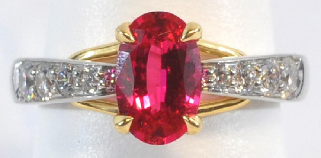Ladies 18kt Gold/platinum 1.29 Ct. Spinel Ring: Mainly Platinum Ring With 18kt. Yellow Gold Head And Prongs. Ring Features A 1.29 Ct. Oval Cut Gem Quality Red Spinel. Set In The Marked Platinum Band Are 8 Round Diamonds In Graduated Sized For A Tot