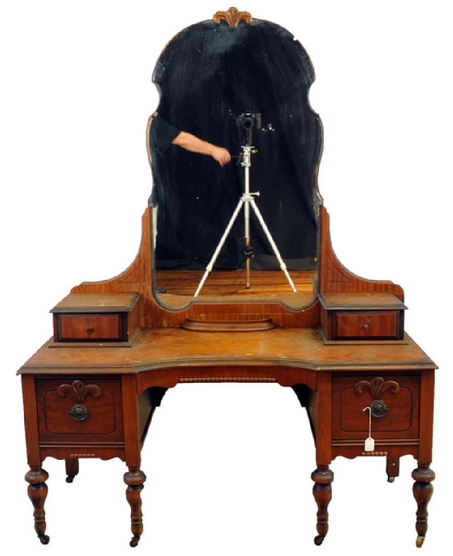 Antique Solid Wood Dressing Table With Mirror: Original Drawer Pulls, Two Small Drawers On Top Each Side And Two On Top. On Casters And Has Carved Plumes Above The Bottom Drawer Pulls. 19 X 50 X 68. A Beautiful Must Have Piece For Any Bedroom!