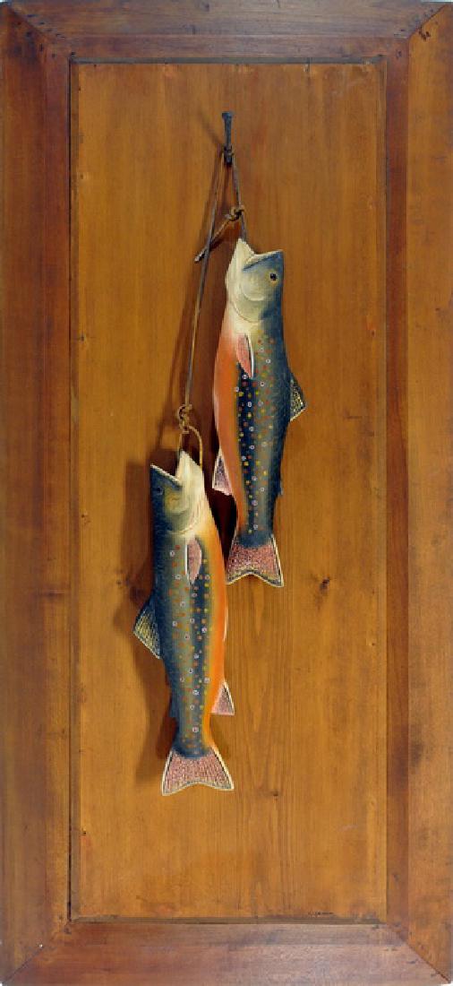 Vintage Trout Fishing Art Work: by Christine Wilkenson of Newberry, MA. Artist had done the MA. 1990 Duck Stamp. Art work is all in wood construction and painted in realistic colorful detail of spotted brook trout, hung with rawhide