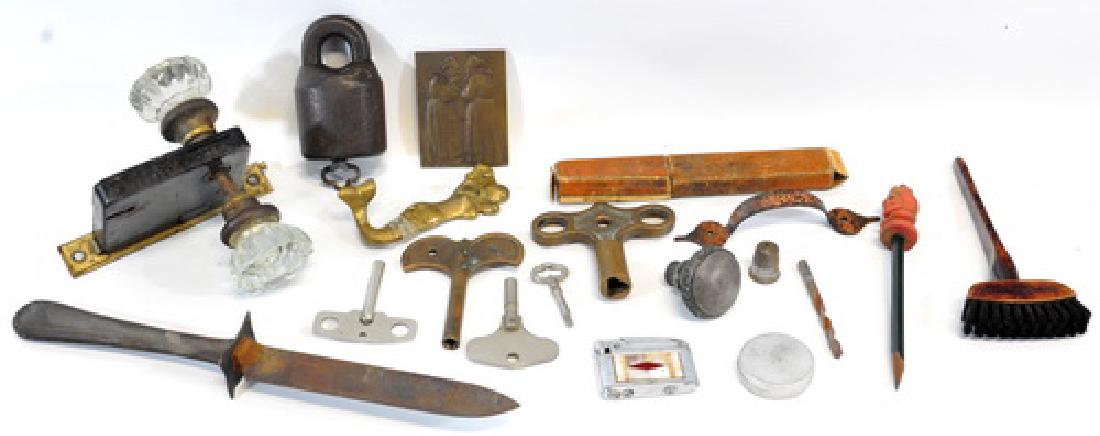 Misc. Vintage Lot: Many Types of Keys, Lighter,: Door knobs, Handles, Knife, brush and more