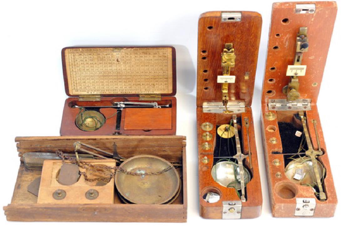 4 Antique Small Scales for Pharmacy, Gold, Diamond: 1 H. Kohlbusch, 1 W. & T. Avery, and 2 unknowns