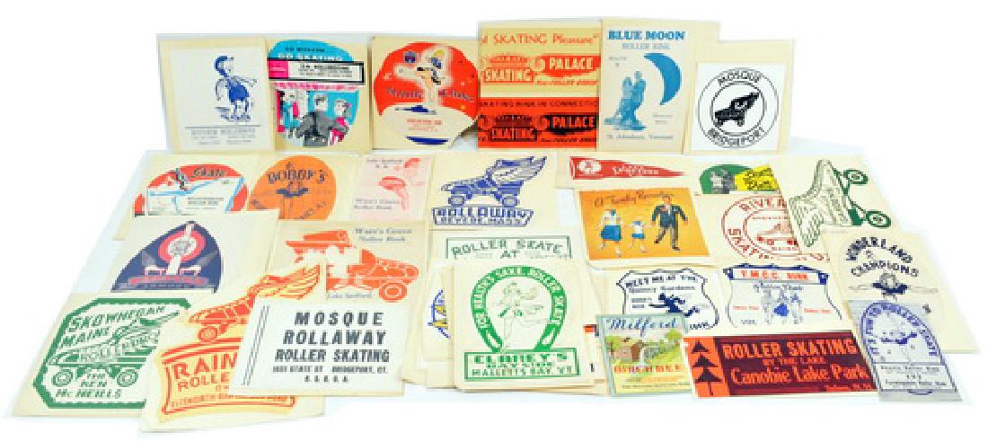 Estate Roller Skating Stickers And Ephemera: Large Assortment Of Stickers Affixed To Paper, New Hampshire, Vermont, All Over New England, Great Graphics