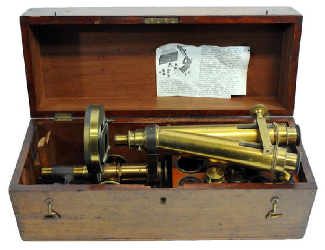Smith, Beck And Beck Binocular Microscope: #4290, Brass Construction, With Original Box, Multiple Lenses And Accessories, Folding Design
