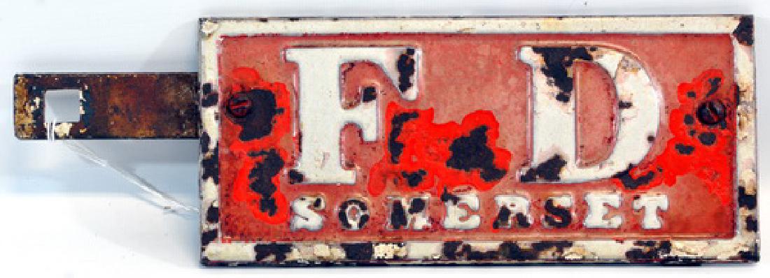 Early 1900's Somerset Mass Fire Plate Topper: Cast Iron With Enamel Finish, Fire Truck Plate Topper, Measures 8"x4"