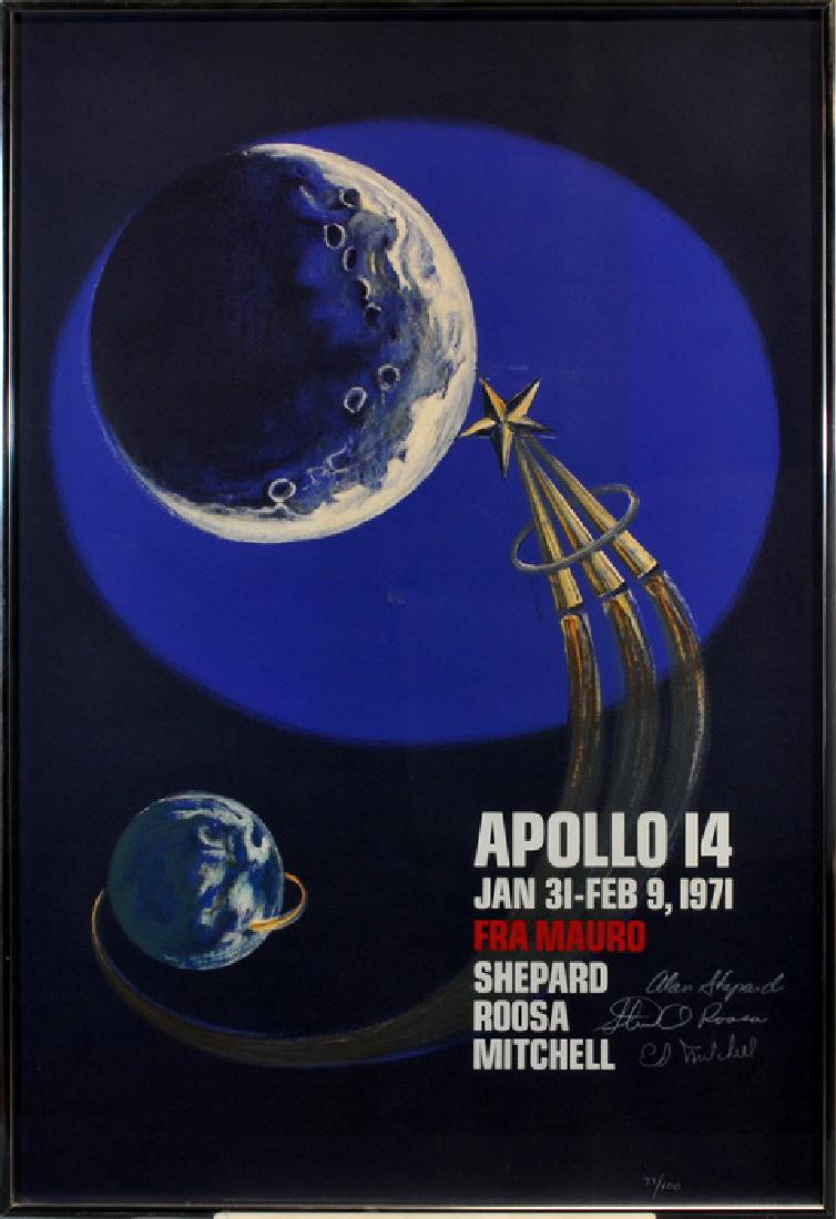 Apollo 14 Astronaut Signed Lithograph: Signed By Alan Shepard, Stuart Roosa And Ed Mitchell, Measures 32x21