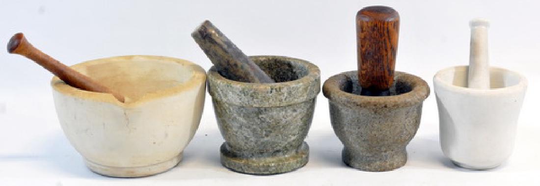 7 Antique Mortar And Pestles: Made with wood, marble and glass, all in good condition