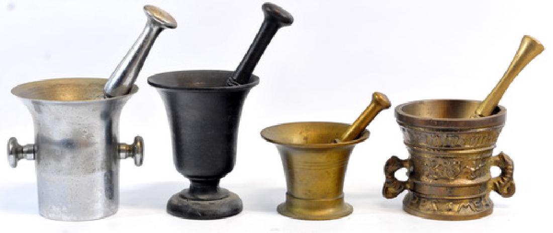 10 Antique Mortar & Pestles: Made with Brass, Steel, and Glass, all in good condition